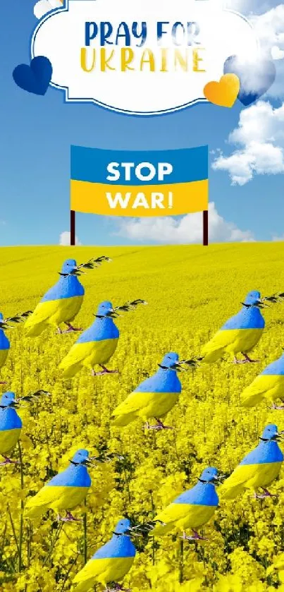 Vibrant Ukrainian support wallpaper with yellow field and flag illustration.
