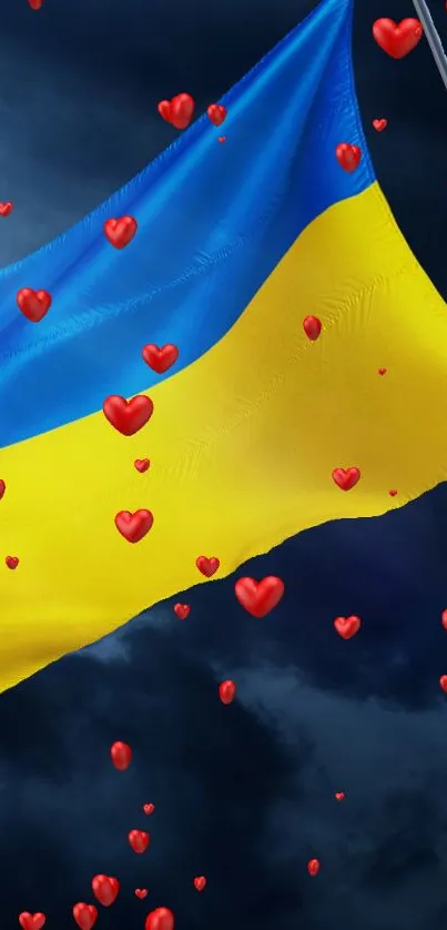 Ukrainian flag with red hearts on a dark sky background.