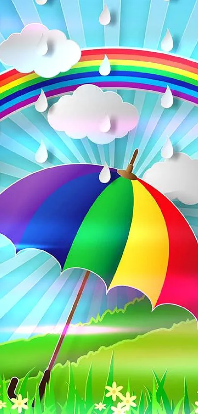 Colorful umbrella and rainbow with blue sky.