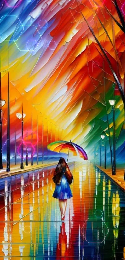 Vibrant, colorful art with an umbrella on a rainy street.