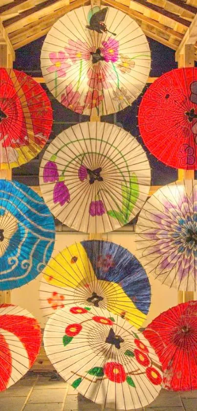 Colorful Japanese paper umbrellas art photo.