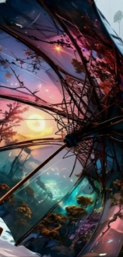 Colorful artistic umbrella in vibrant landscape.