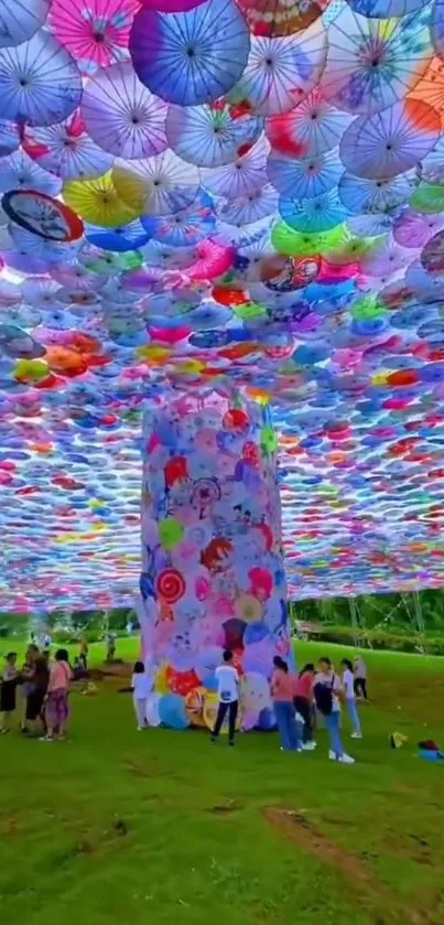 Colorful umbrellas create a vibrant outdoor ceiling display.