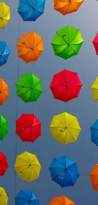 A vibrant display of colorful umbrellas against a clear blue sky, perfect for mobile screens.