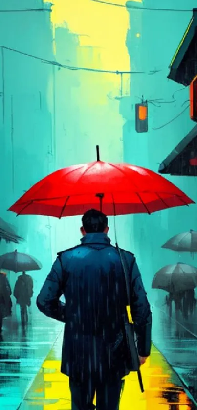 Man with red umbrella in vibrant city street art.