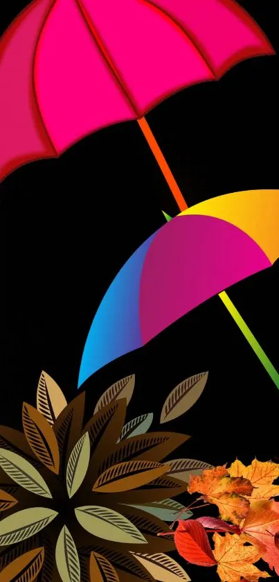 A vibrant wallpaper with colorful umbrellas and leaves on a black background.