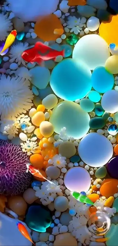 Vibrant abstract underwater art with colorful bubbles and marine elements.