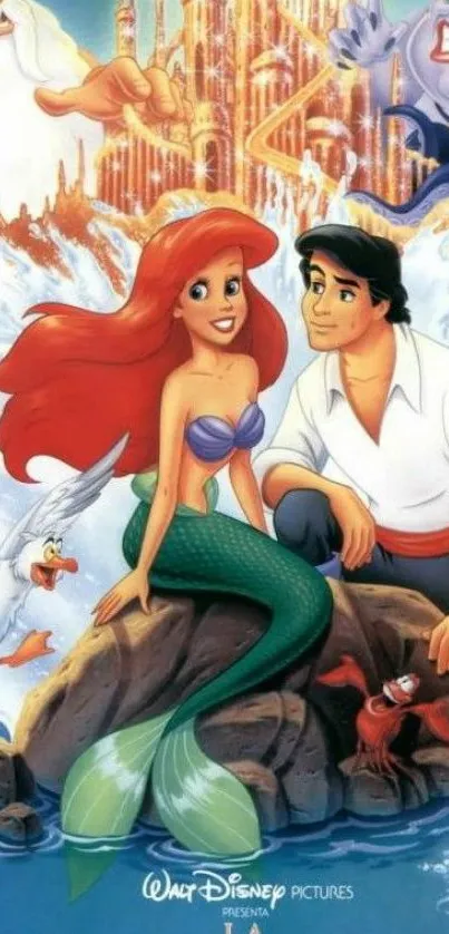 Colorful Disney wallpaper with a mermaid and prince, sea creatures.