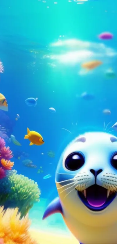 Animated seal in colorful underwater scene with vibrant fish and coral reef.