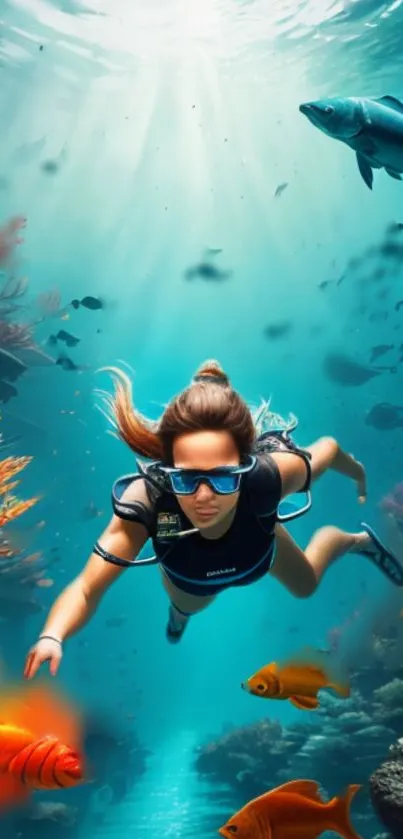 Diver surrounded by colorful fish and coral in underwater scene.