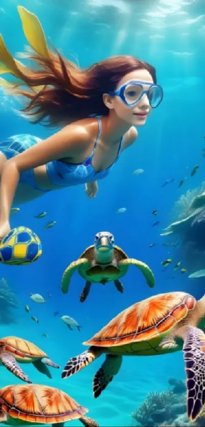 A woman diving with sea turtles in a colorful ocean scene.