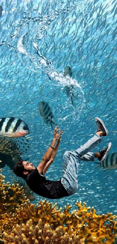 Vibrant underwater scene with coral and fish.