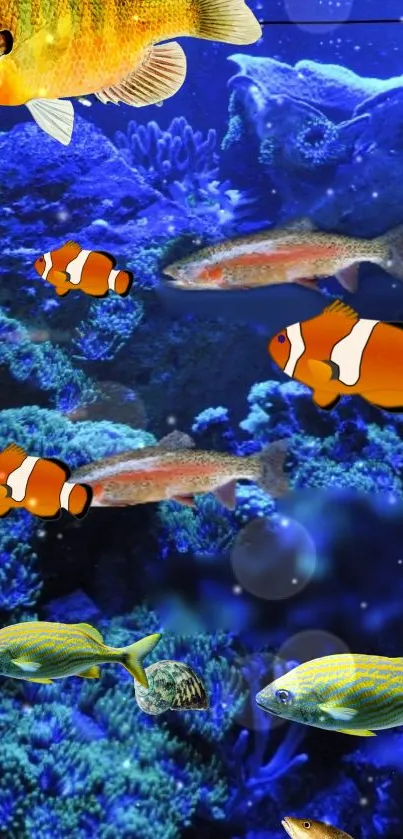 Vibrant blue aquarium wallpaper with corals and fish.