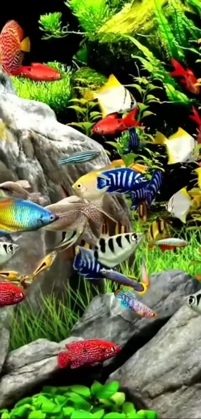 Vibrant underwater scene with vivid tropical fish swimming.