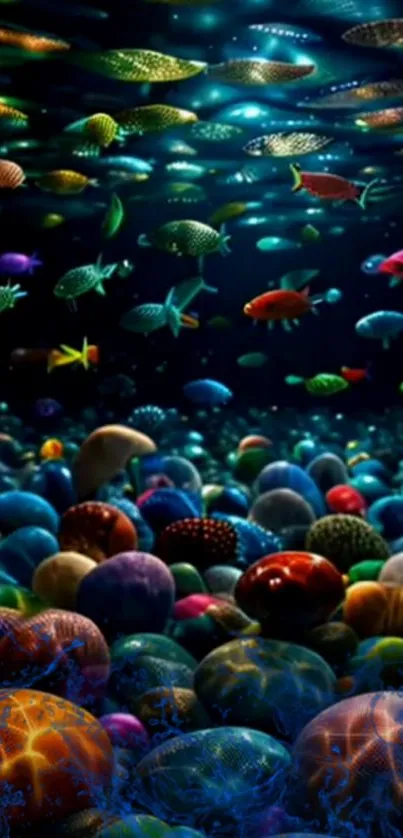 Colorful fish swim above vibrant ocean rocks.