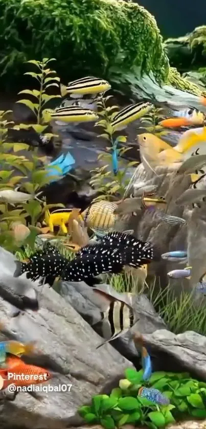 Colorful fish swimming in a vibrant aquarium with lush green plants.