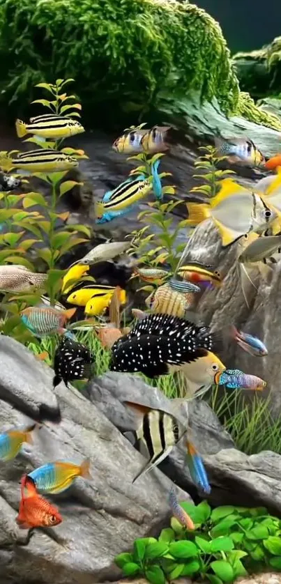 Colorful fish swim among lush green aquatic plants.