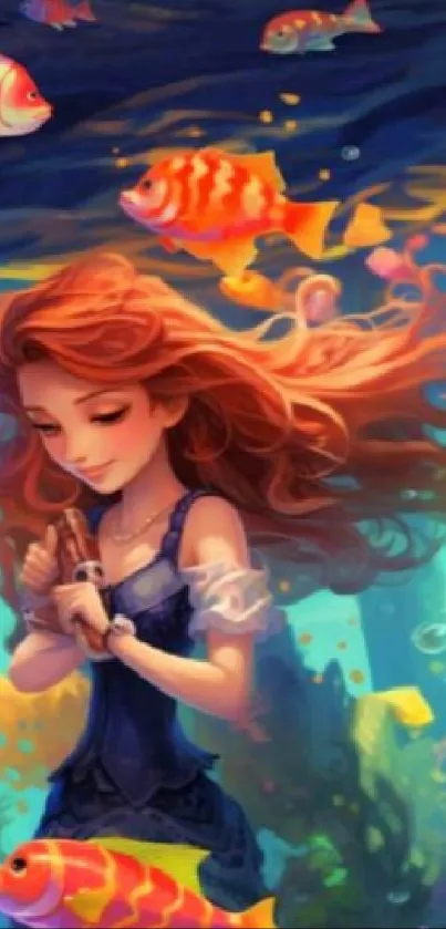 Fantasy underwater girl with colorful fish in vibrant scenery.