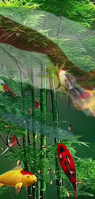 Colorful koi fish swim through green bamboo scenery in this vibrant wallpaper.