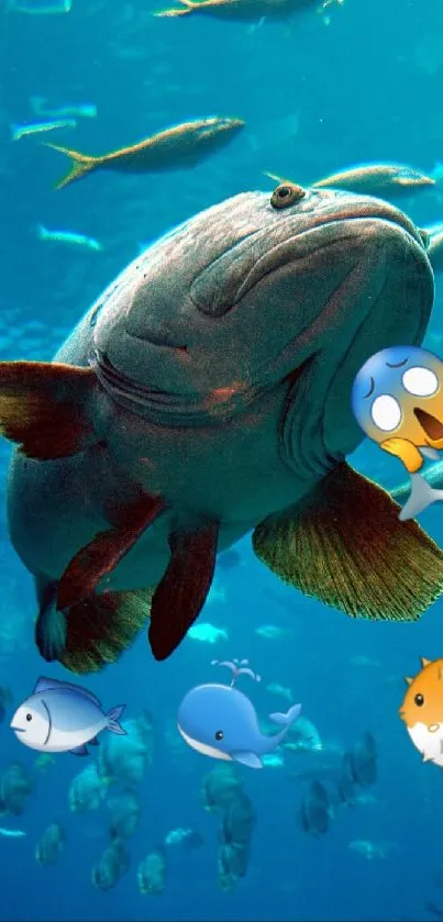 Large fish swimming in blue ocean with playful emojis.