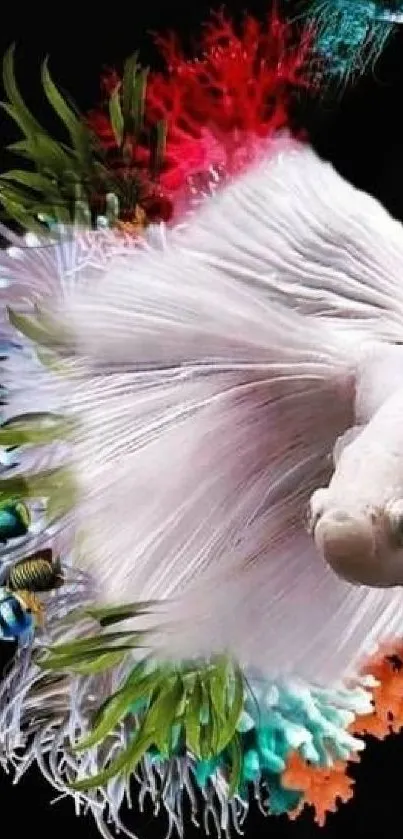 White betta fish with vibrant coral on a black background.