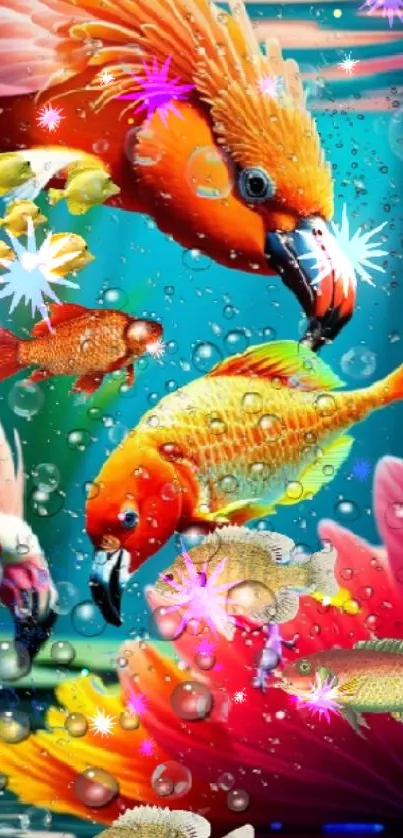 Vibrant mobile wallpaper with tropical fish and birds in bright colors.