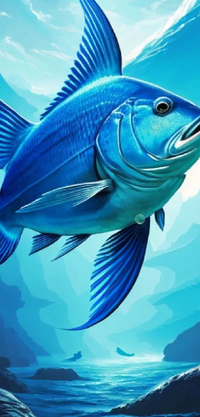 Vibrant blue fish swims in an ocean scene, perfect for mobile wallpaper.