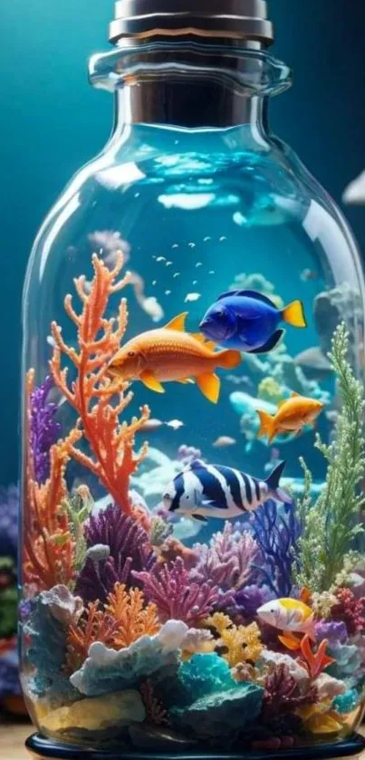 Vibrant underwater scene in a bottle with colorful fish and corals.