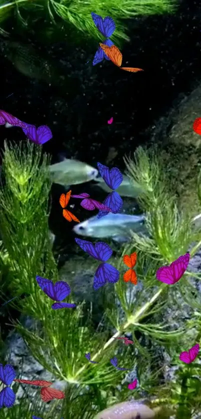 Colorful butterflies and fish in an underwater scene with green plants.