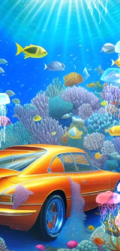 Underwater scene with car and colorful fishes.