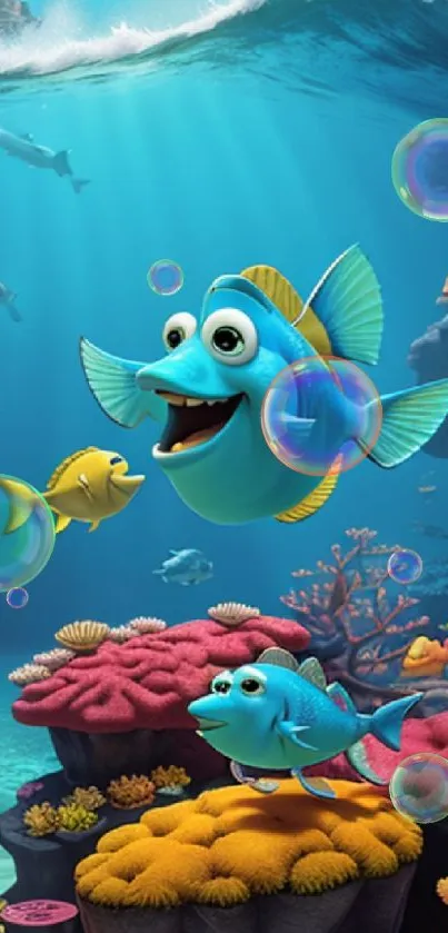 Cartoon fish swim above colorful coral reefs in vibrant underwater scene.