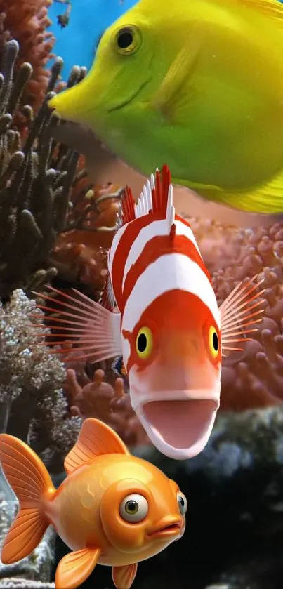 Vibrant cartoon fish swim in a colorful ocean scene.