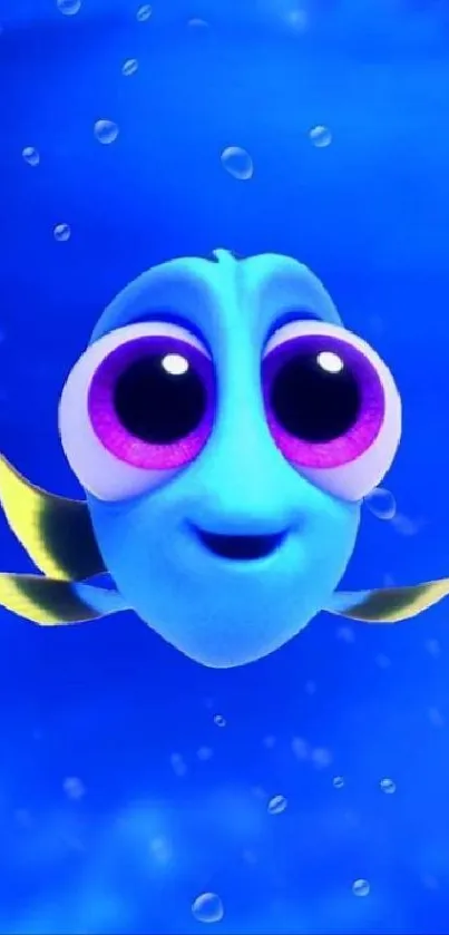Cartoon fish with large eyes in blue ocean wallpaper.