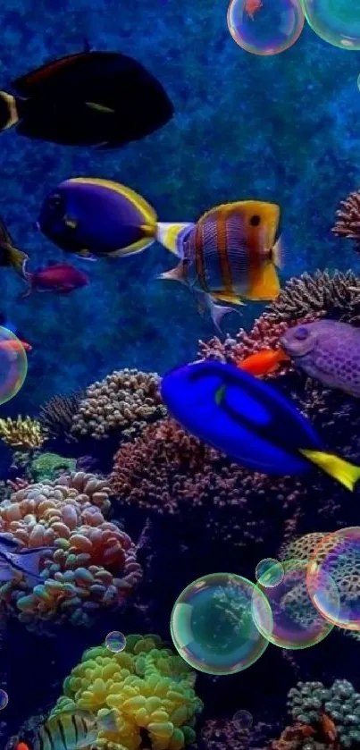 Colorful coral reef with tropical fish in blue ocean water.