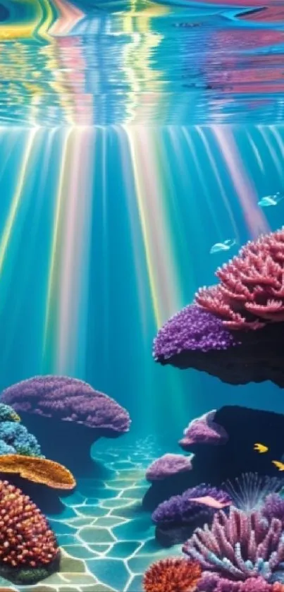 Vibrant coral reef under sunlit rays in an underwater scene.