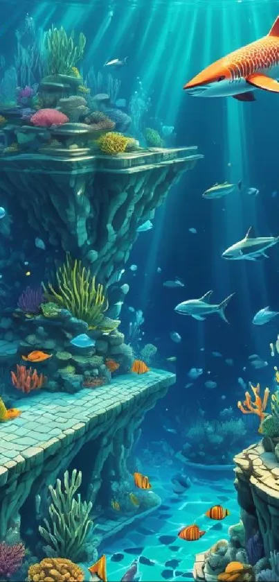 Underwater coral reef with diverse marine life and fish.