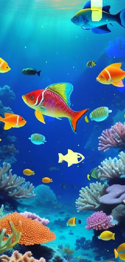 Colorful fish swim among vibrant corals in a blue ocean.