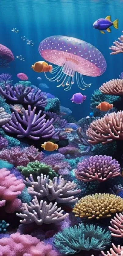 Colorful coral reef scene with fish and jellyfish in vibrant underwater setting.