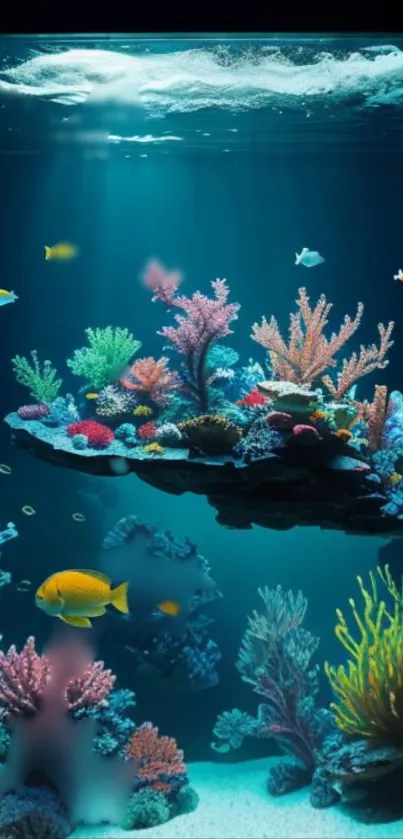 Vibrant coral reef with colorful fish and plants underwater.