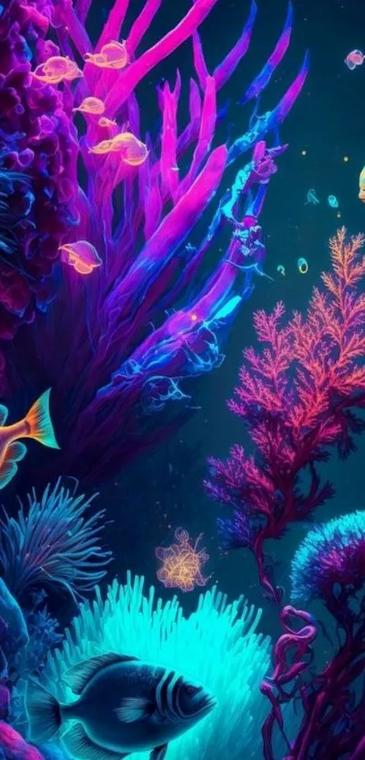 Vibrant coral reef with colorful fish swimming in an underwater ocean scene.