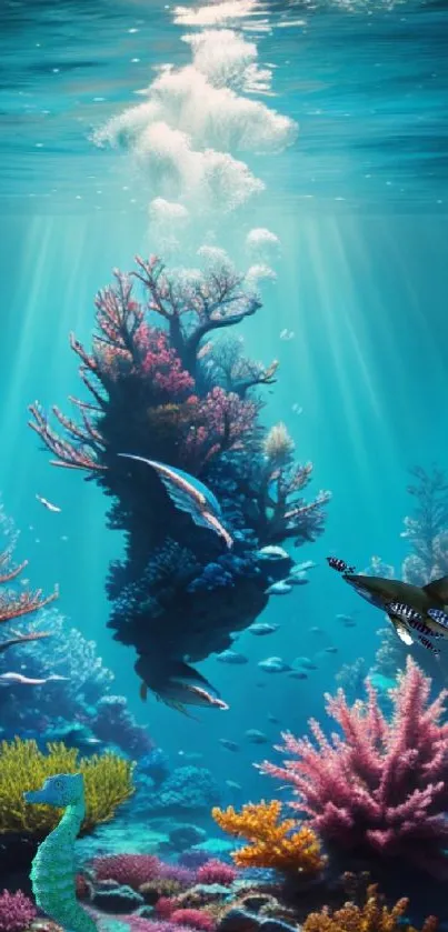 Underwater scene with colorful coral reefs and sea creatures in blue hues.