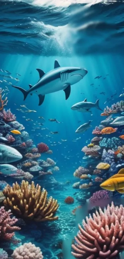 Colorful coral reef with sharks swimming underwater in blue ocean scene.