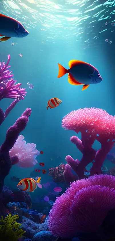 Vivid underwater coral scene with colorful fish and lush marine life.