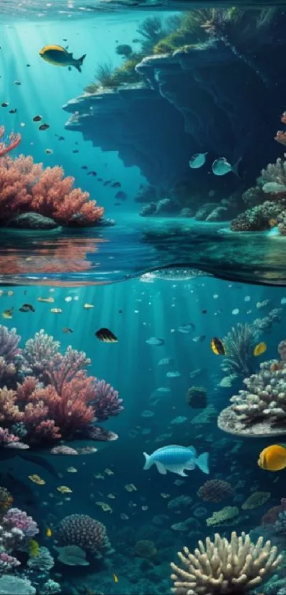 Vibrant underwater coral reef with colorful fish
