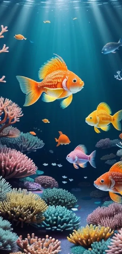 Colorful coral reef with fish swimming underwater.