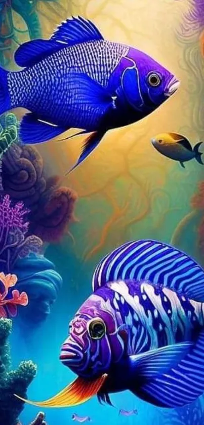 Colorful aquarium fish in vibrant coral reef scene.