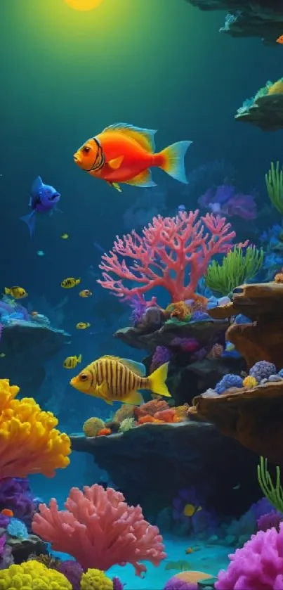 Vibrant coral reef with colorful fish and diverse marine life.