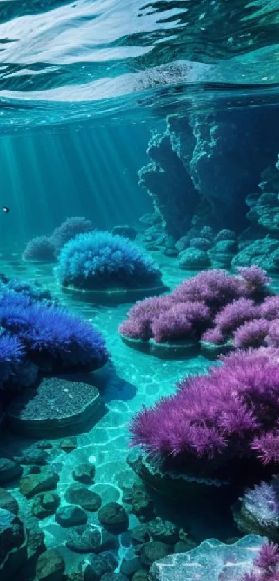 Vibrant underwater coral scene with purples and blues.