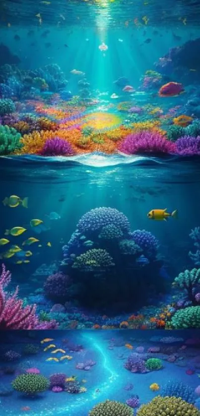 Colorful underwater coral reef with tropical fish and vibrant scenery.