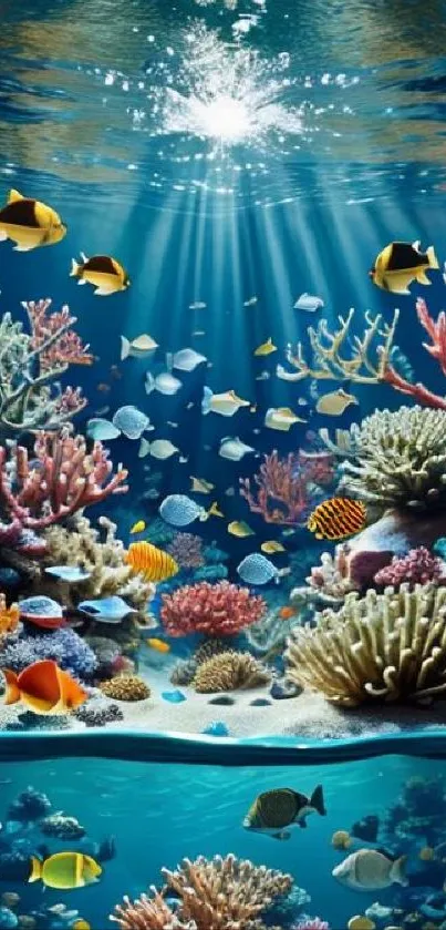 Vibrant underwater coral scene with colorful fish and marine life.